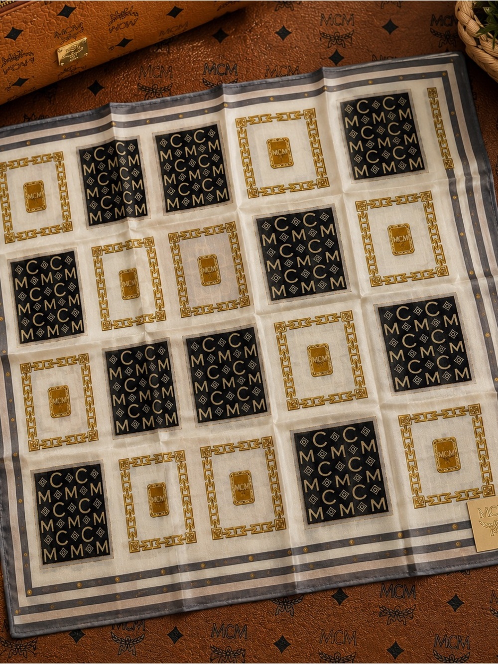MCM Logo Cotton Scarf Bandana NWT Gray Black Gold 18” Square